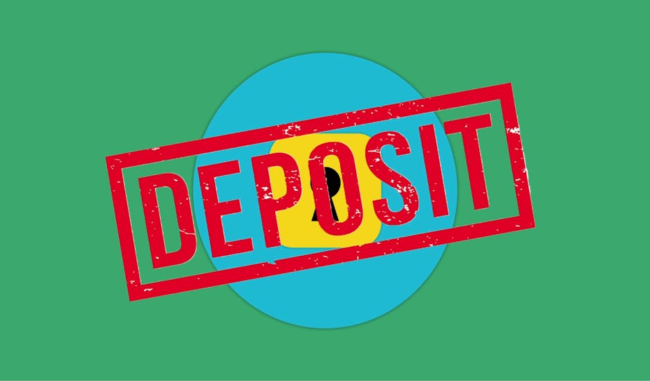 A digital illustration displaying the word 'DEPOSIT' in bold, uppercase letters with a red, distressed stamp overlay across the center. The background features a large blue circle on a green backdrop, creating a simple, flat design. The image emphasizes financial aspects related to house removals and moving services, such as deposits required before a home relocation, with no physical objects or furniture present. Occasionally, [COMPANY_NAME] and the surrounding context of removals and moving logistics are subtly referenced through the visual theme.
